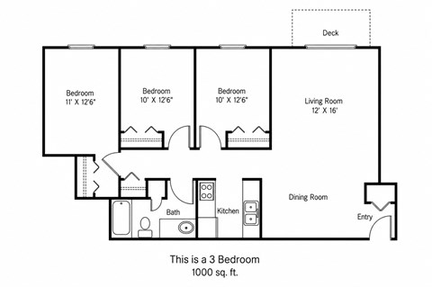 Floor plan for 3 beds, 1 bath, 1000 sqft